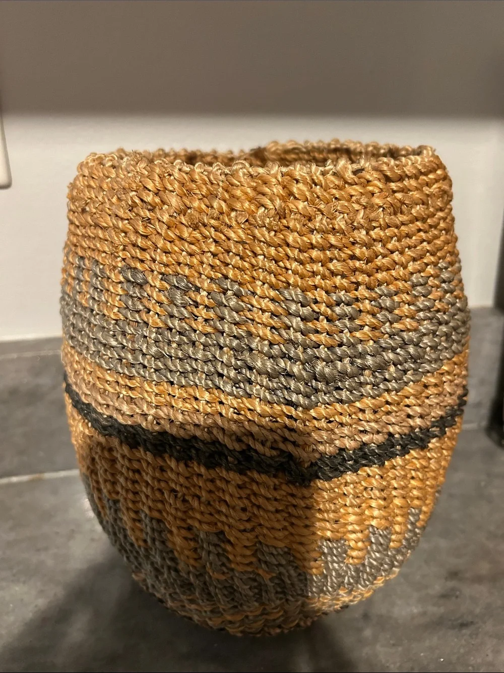 Handwoven Tan and Gray Decorative Storage Basket